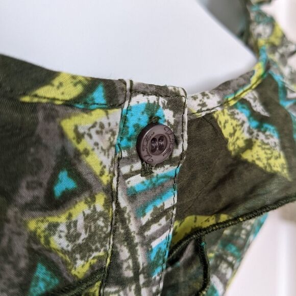 Ruffle cotton silk top abstract print green Large @K1 - Picture 4 of 13